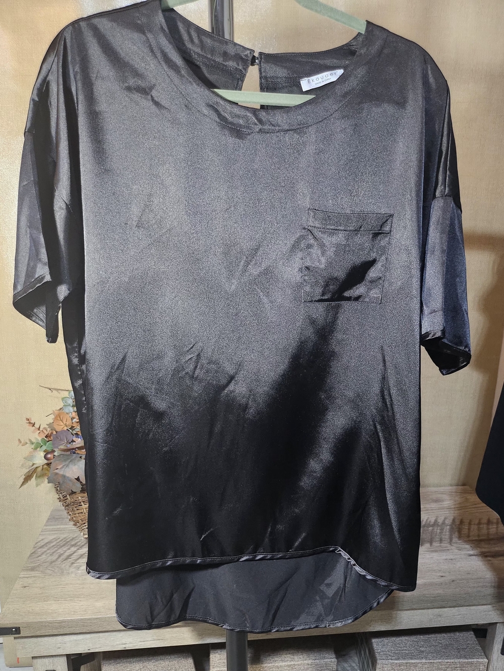 Black Satin Look Short-Sleeve Shirt - Elegant Casual